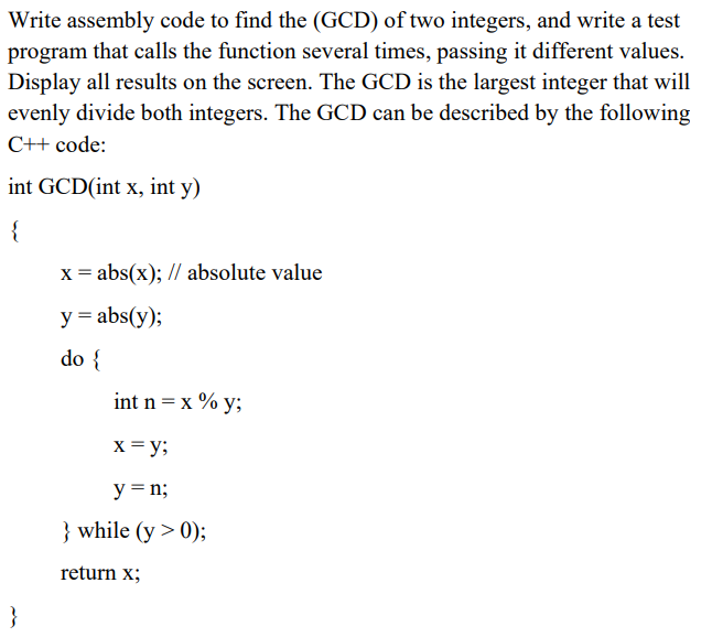 Solved Write assembly code to find the (GCD) of two | Chegg.com