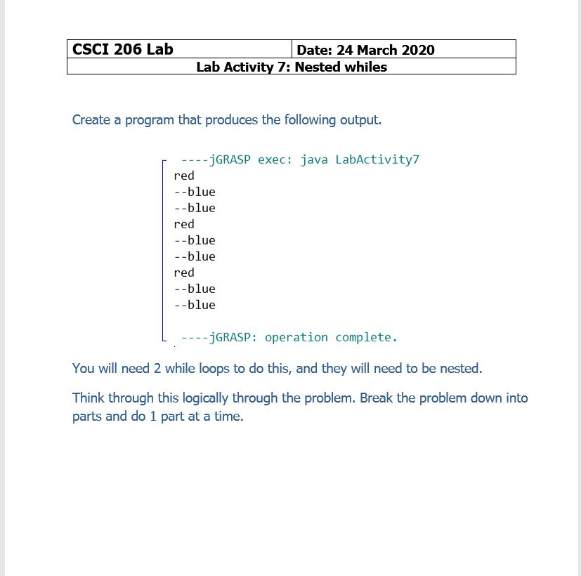Solved CSCI 206 Lab Date: 24 March 2020 Lab Activity 7: | Chegg.com