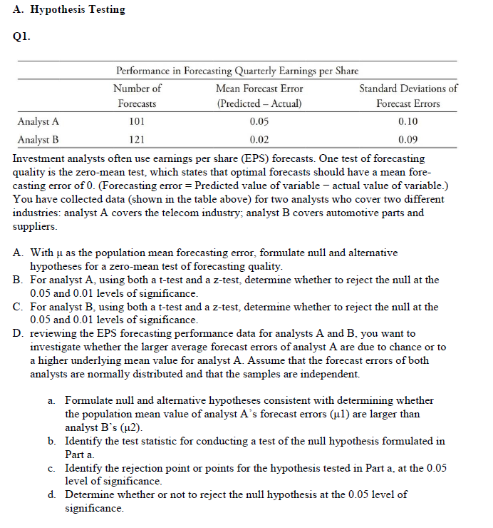 Solved A. Hypothesis Testing Q1. Performance In Forecasting | Chegg.com