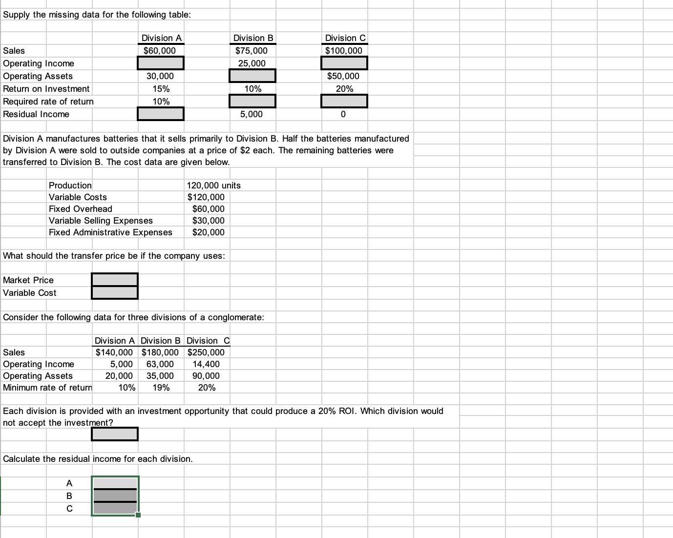 Solved Supply the missing data for the following table: | Chegg.com