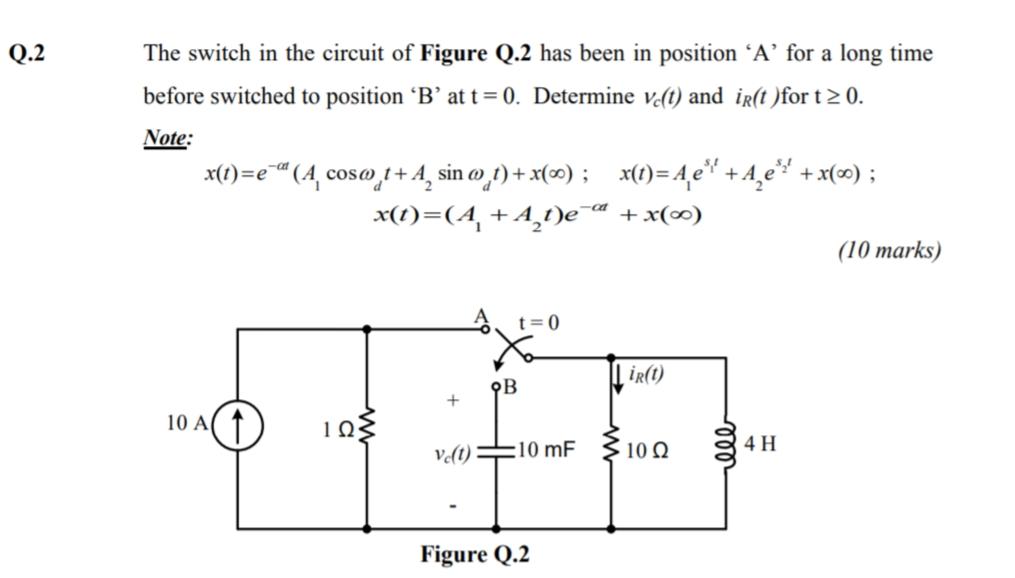 Solved Q.2 The switch in the circuit of Figure Q.2 has been | Chegg.com