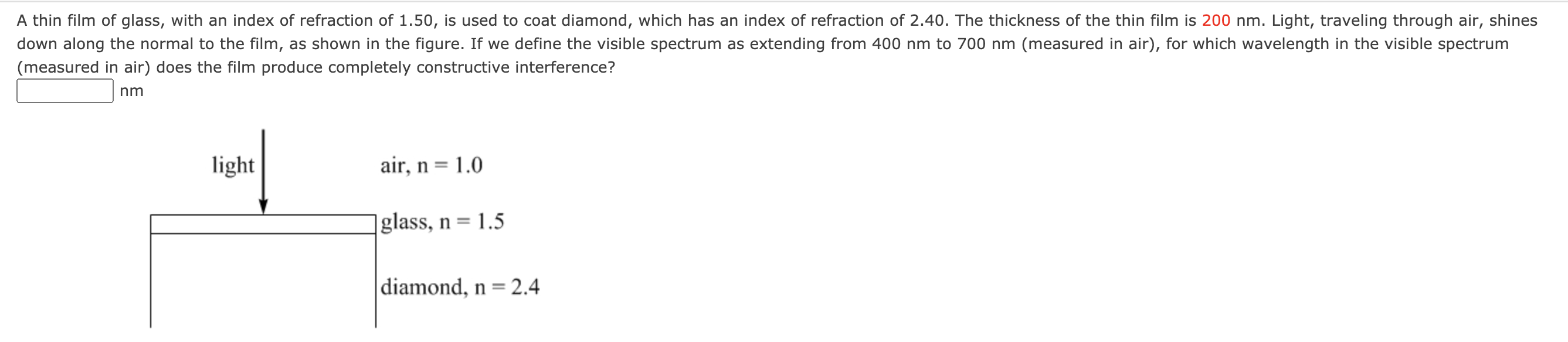 Solved A thin film of glass, with an index of refraction of | Chegg.com
