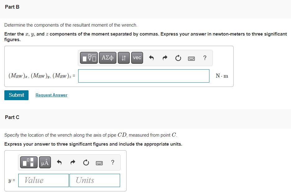 Determine the components of the resultant moment of the wrench.
Enter the \( x, y \), and \( z \) components of the moment se