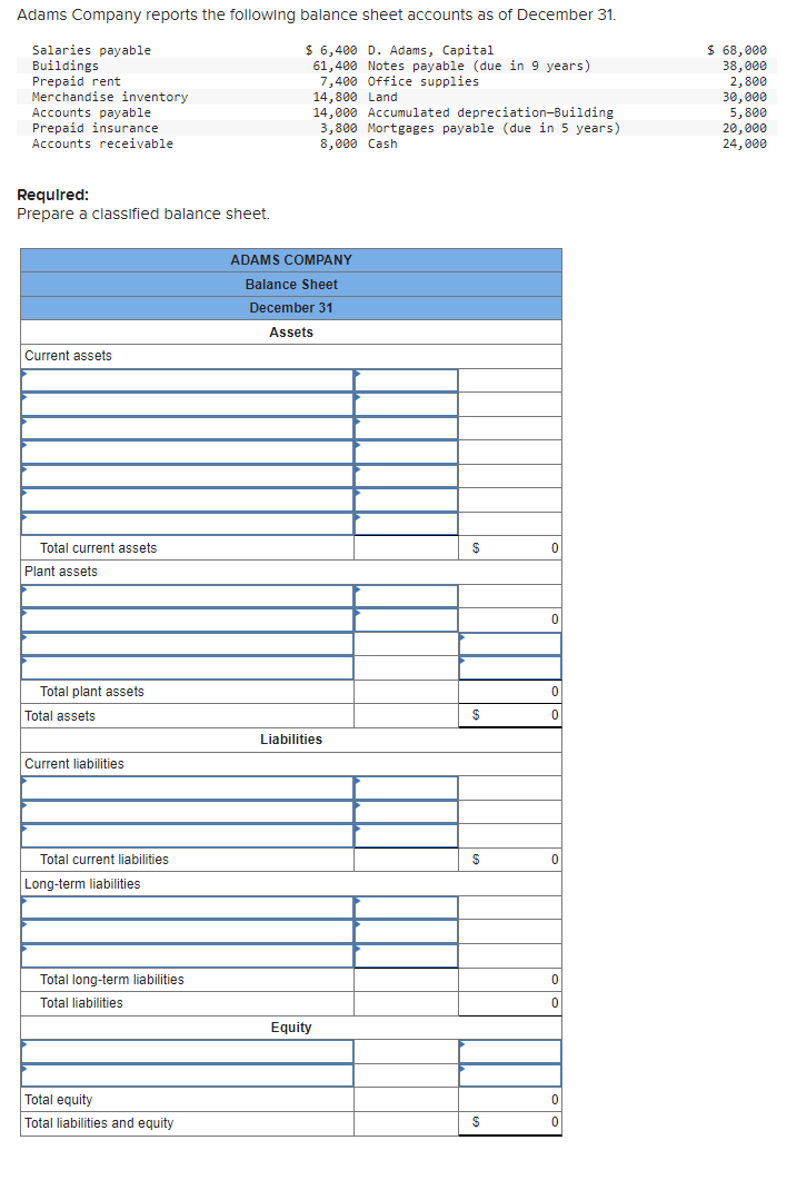 Solved Requlred: Prepare a classified balance sheet. | Chegg.com