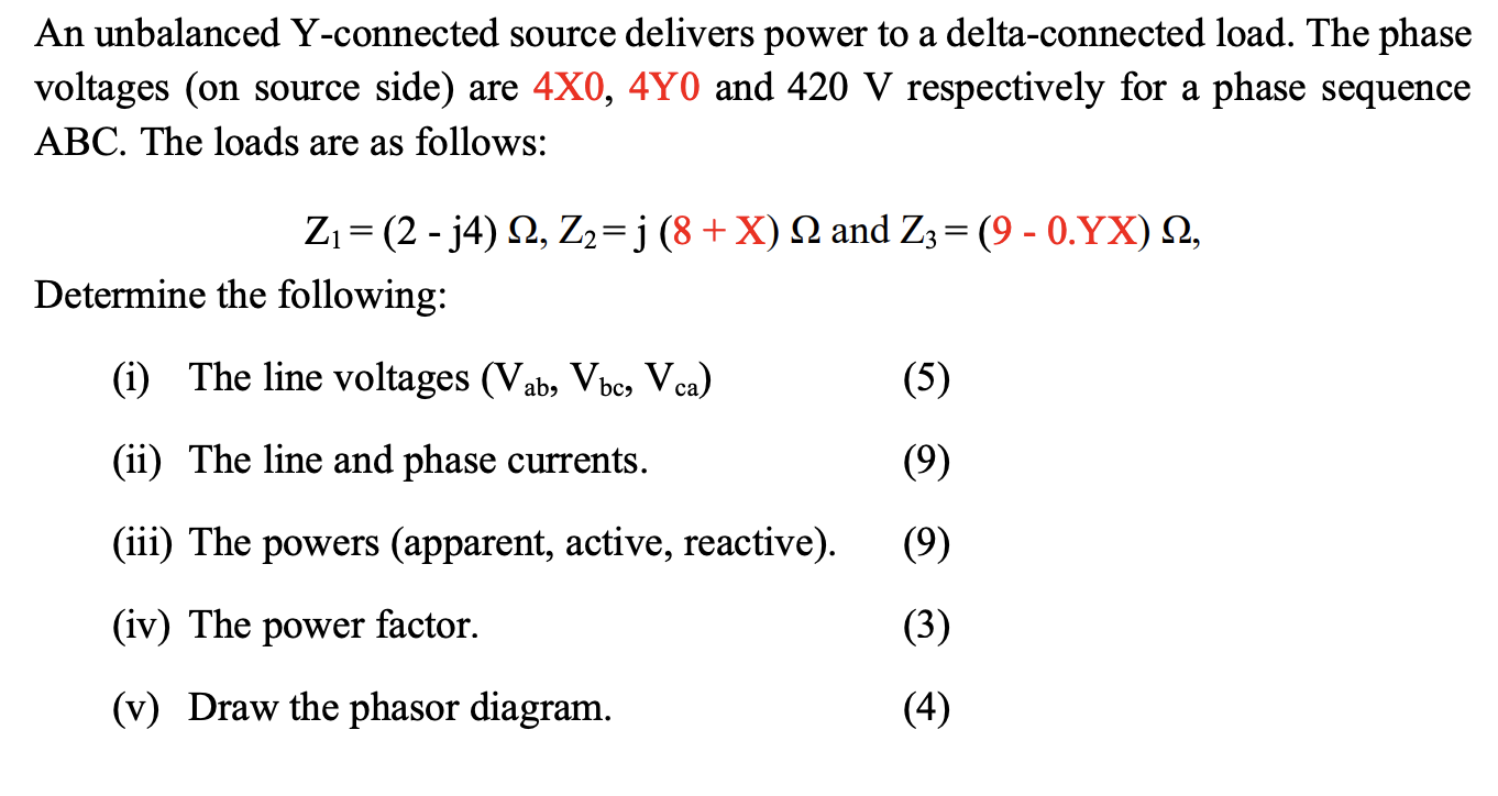 An unbalanced Y-connected source delivers power to a delta-connected load. The phase voltages (on source side) are \( 4 \math