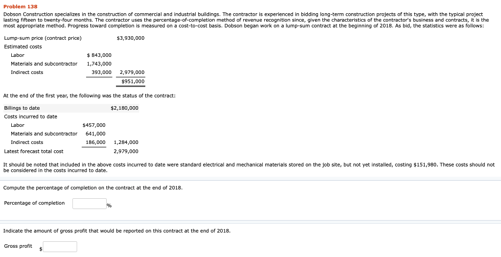 Solved Problem 138 Dobson Construction specializes in the | Chegg.com