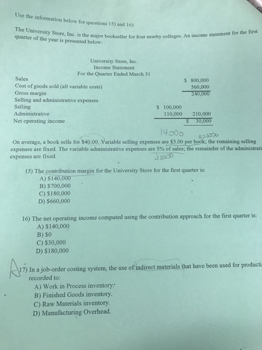 Solved Use the information below for questions 15) and 16: | Chegg.com