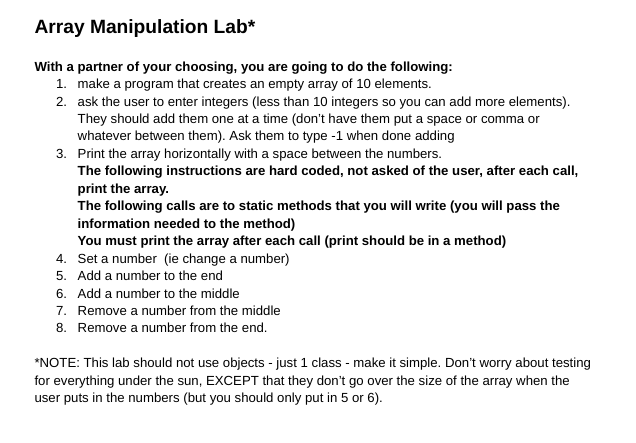 Solved Array Manipulation Lab* With a partner of your | Chegg.com