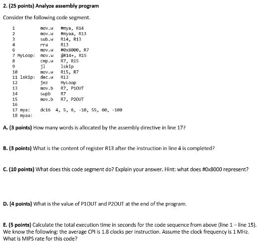 Solved 2. 25 points Analyze assembly program Consider the