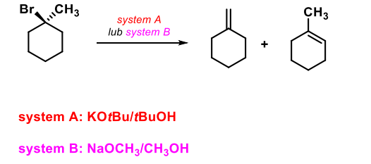 system A: KOtBu/tBuOH
system B: \( \mathrm{NaOCH}_{3} / \mathrm{CH}_{3} \mathrm{OH} \)