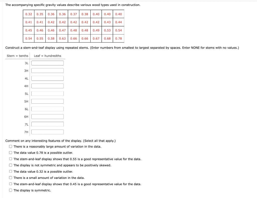 The accompanying specific gravity values describe various wood types used in construction.
Construct a stem-and-leaf display 
