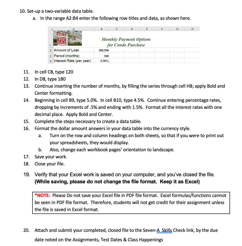 Solved 10. Set-up a two-variable data table. a. In the range | Chegg.com