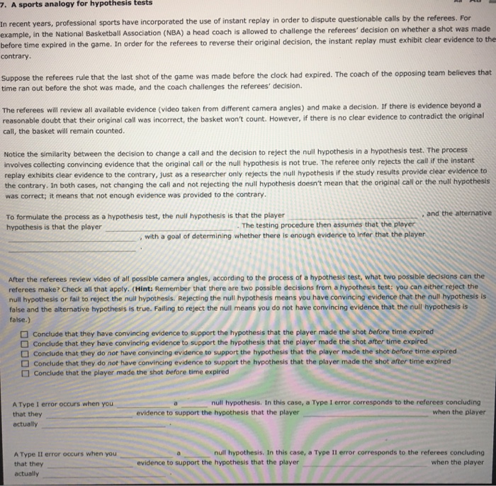 Solved 7. A sports analogy for hypothesis tests In recent