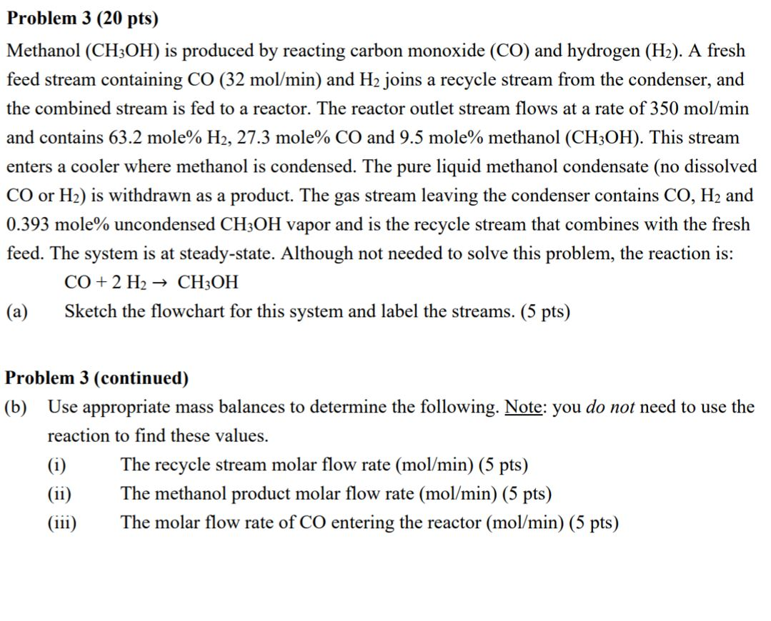 Solved Problem 3 (20 pts) Methanol (CH3OH) is produced by | Chegg.com