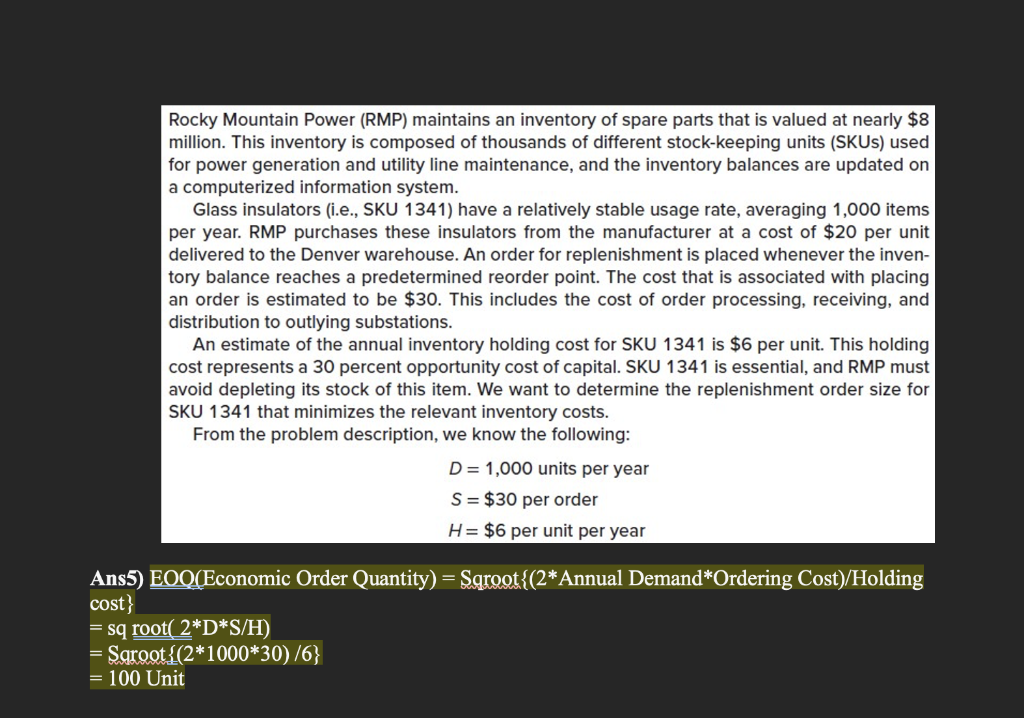 Solved Rocky Mountain Power (RMP) maintains an inventory of | Chegg.com