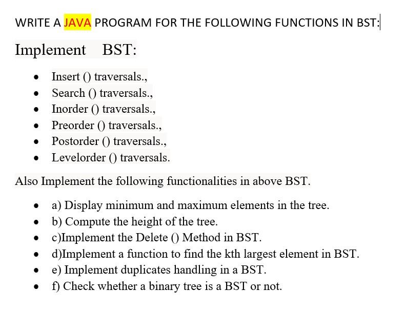 Solved WRITE A JAVA PROGRAM FOR THE FOLLOWING FUNCTIONS IN | Chegg.com