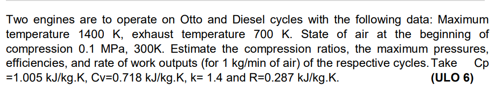 Solved Two engines are to operate on Otto and Diesel cycles | Chegg.com