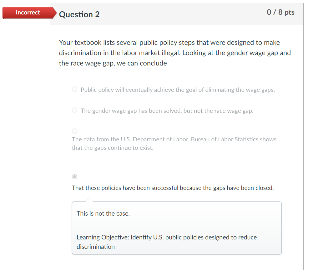 Incorrect
Question 2
0/8 pts
Your textbook lists several public policy steps that were designed to make
discrimination in the