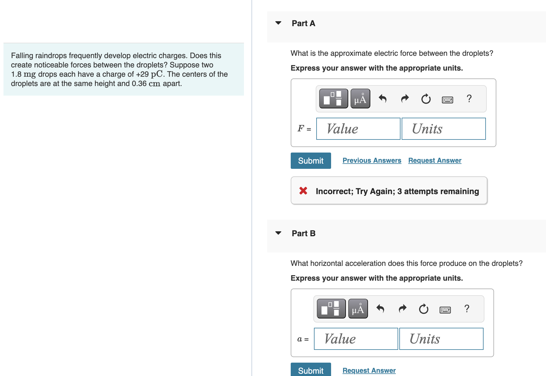 Solved Part AFalling raindrops frequently develop electric Chegg com