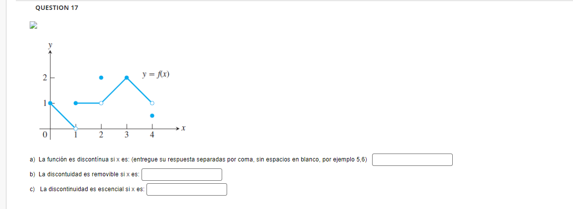 QUESTION 17 a) La función es discontínua si \( x \) es: (entregue su respuesta separadas por coma, sin espacios en blanco, po