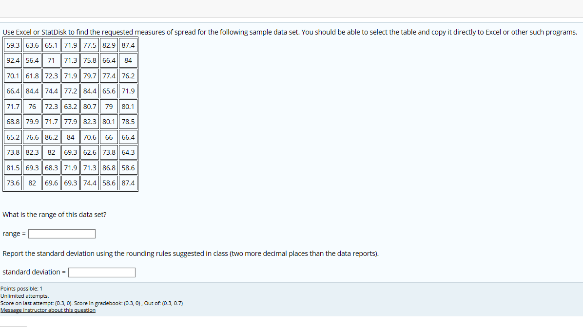 Solved Use Excel Or Statdisk To Find The Requested Measures Chegg Com