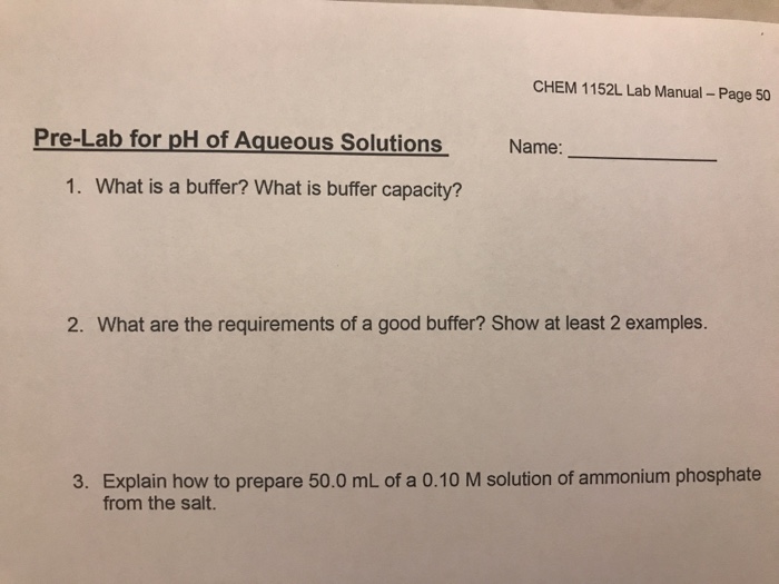 Solved CHEM 1152L Lab Manual-Page 50 Pre-Lab for pH of | Chegg.com