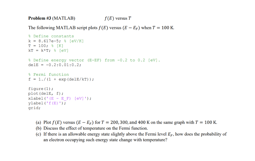 Solved Problem #3 (MATLAB) f(E) versus T The following | Chegg.com