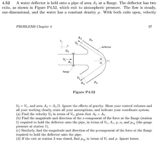 Solved 4.52 A water deflector is held onto a pipe of area A1 | Chegg.com