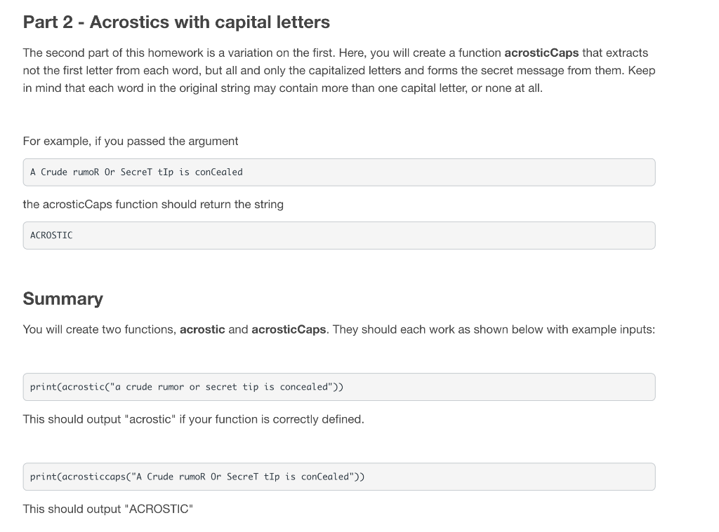 Solved Part 2 Acrostics With Capital Letters The Second Chegg Com
