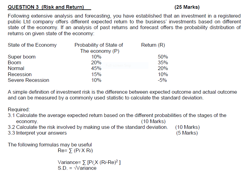 Solved QUESTION 3 (Risk And Return) (25 Marks) Following | Chegg.com