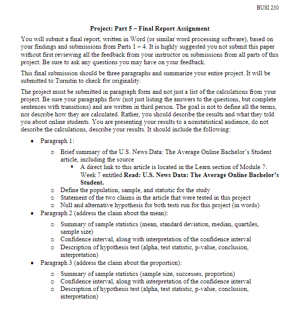 Solved BUSI 230 Project: Part 5 - Final Report Assignment | Chegg.com