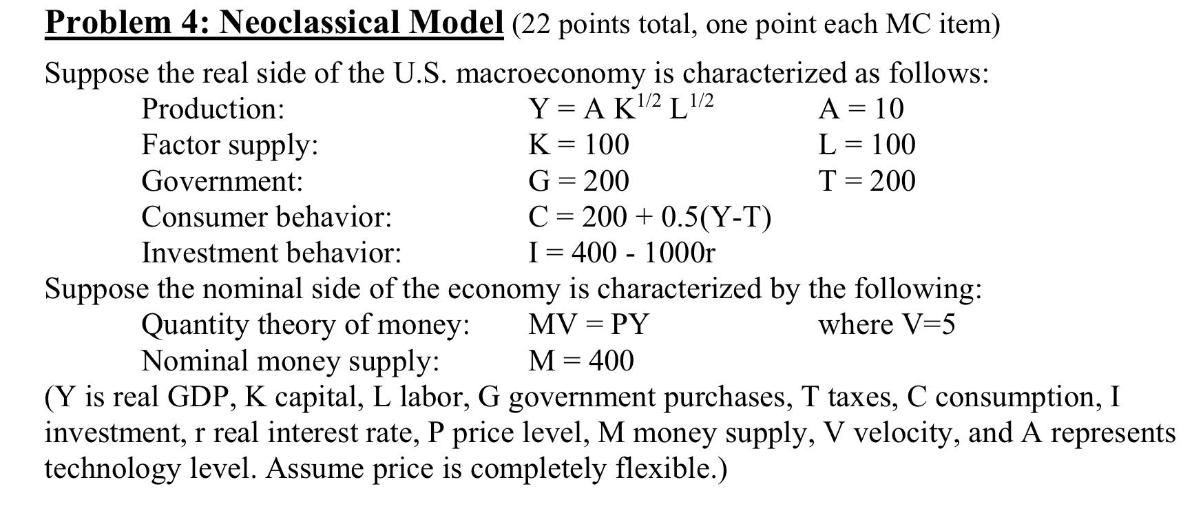 Solved - = Problem 4: Neoclassical Model (22 points total, | Chegg.com