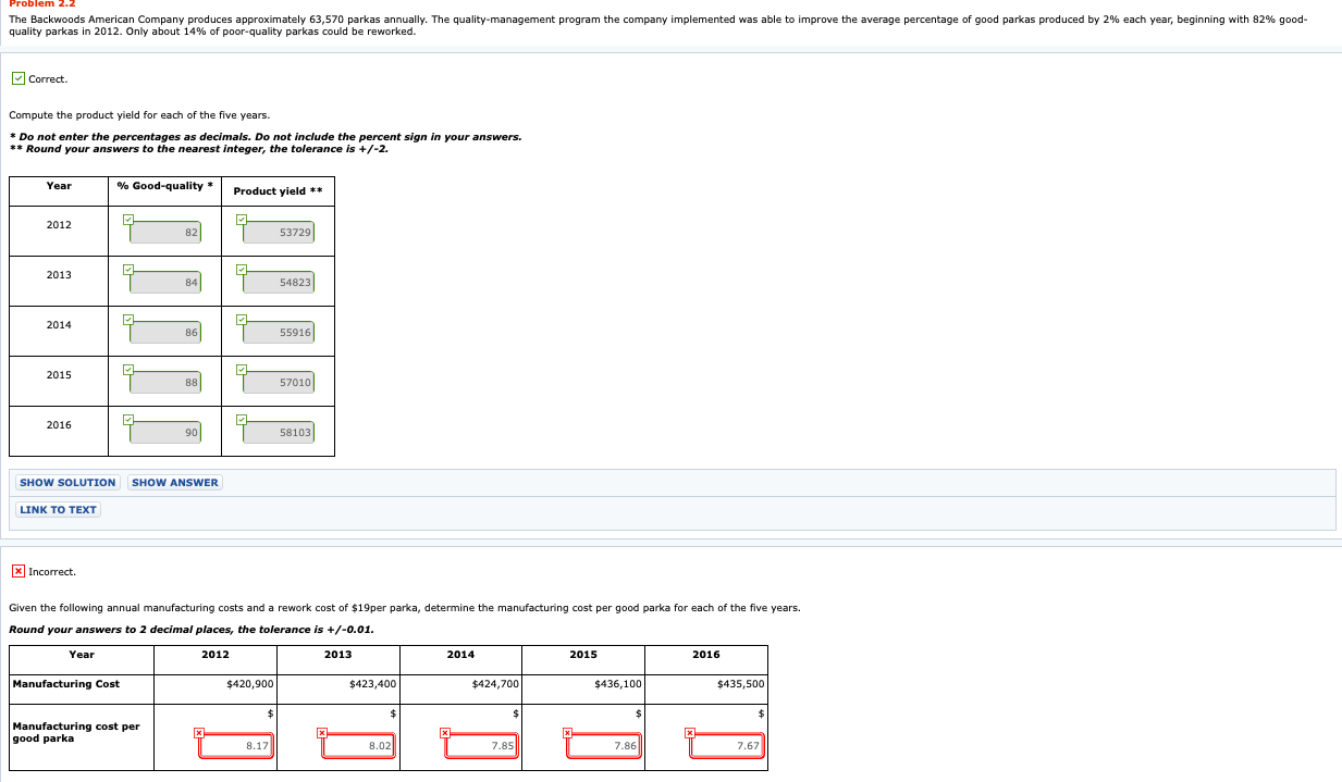 Problem 2.2 The Backwoods American Company produces approximately 63,570 parkas annually. The quality-management program the