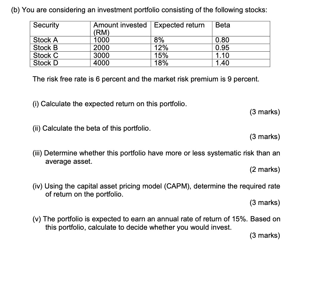 Solved (b) You Are Considering An Investment Portfolio | Chegg.com