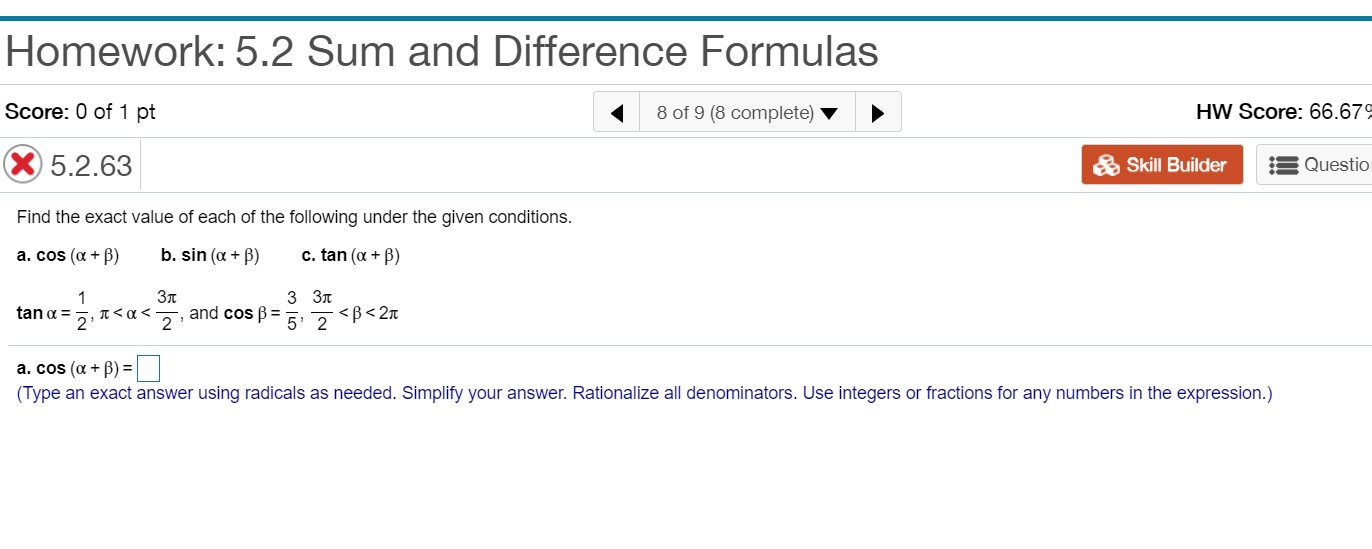 Solved Homework: 5.2 Sum and Difference Formulas Score: 0 of | Chegg.com