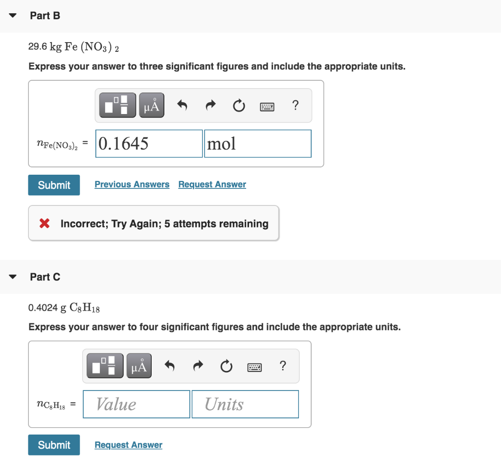Solved Part B 29 6 Kg Fe No3 2 Express Your Answer To Three Chegg Com