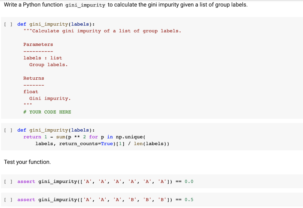 Solved Write a Python function gini_impurity to calculate | Chegg.com
