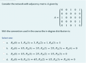 Consider the network with adjacency matrix A given | Chegg.com