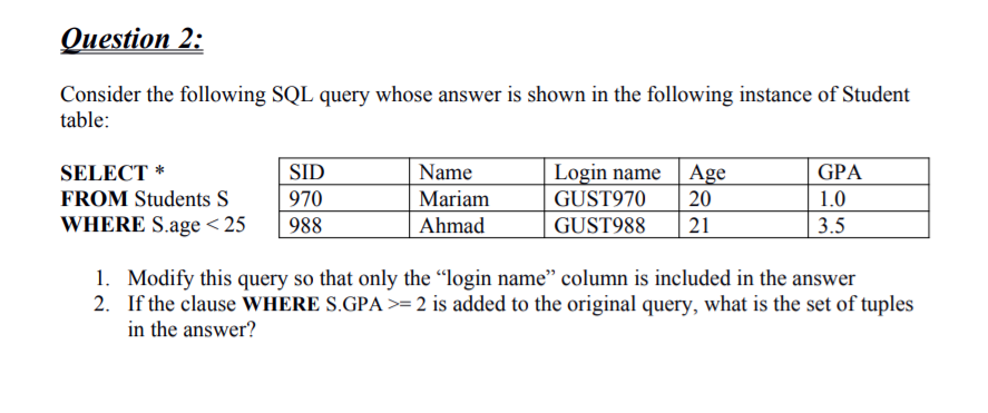 Solved Question 2: Consider the following SQL query whose | Chegg.com
