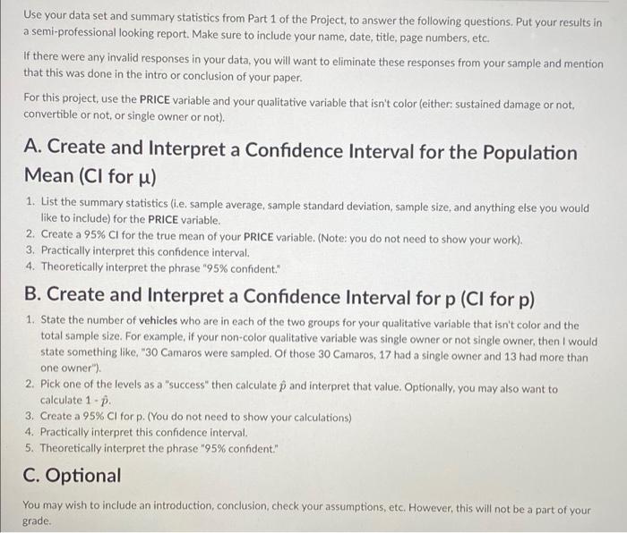 Solved Use Your Data Set And Summary Statistics From Part 1 | Chegg.com