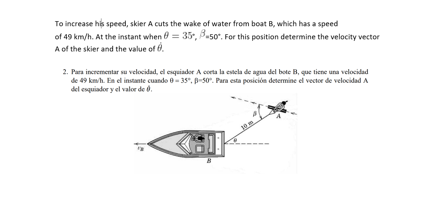 To increase his speed, skier A cuts the wake of water from boat B, which has a speed of 49 km/h. At the instant when 0 = 35°,