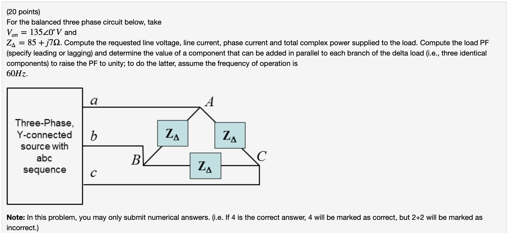 Solved (20 points) For the balanced three phase circuit | Chegg.com