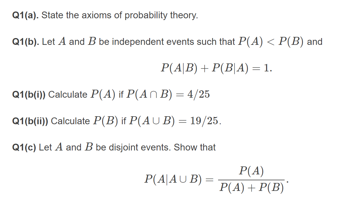 Solved q1 a state the axioms of probability theory q1 b chegg