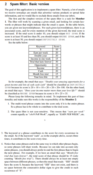 2 Spam filter: Basic version The goal of this application is to implement a spam filter. Namely, a lot of emails we receive n