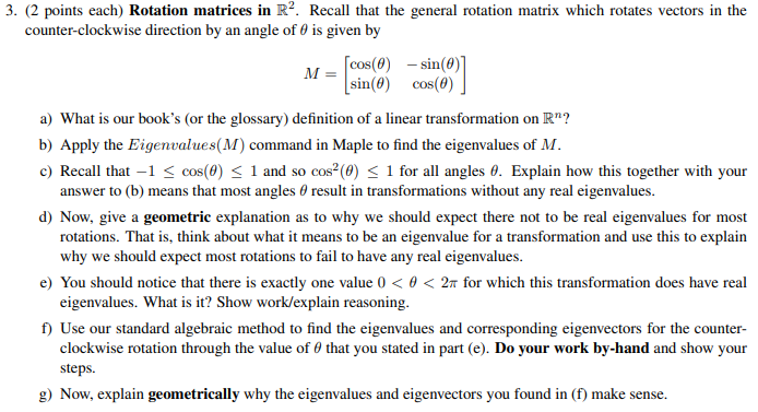 Solved 3. (2 points each) Rotation matrices in R2. Recall | Chegg.com