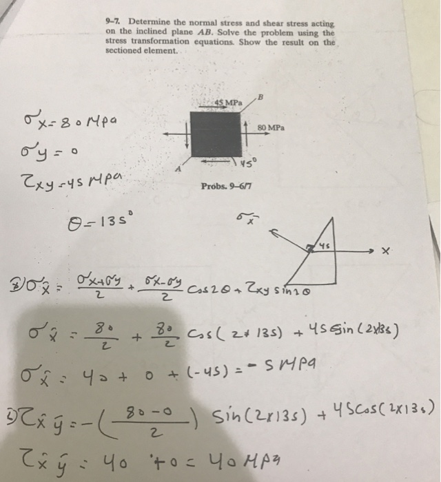 Solved 9-7 Determine the normal stress and shear stress | Chegg.com