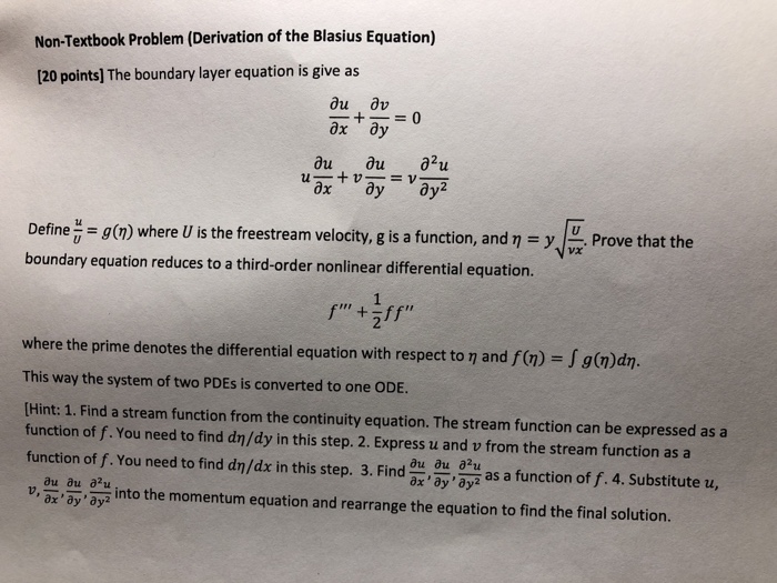 Solved Non Textbook Problem Derivation Of The Blasius Chegg