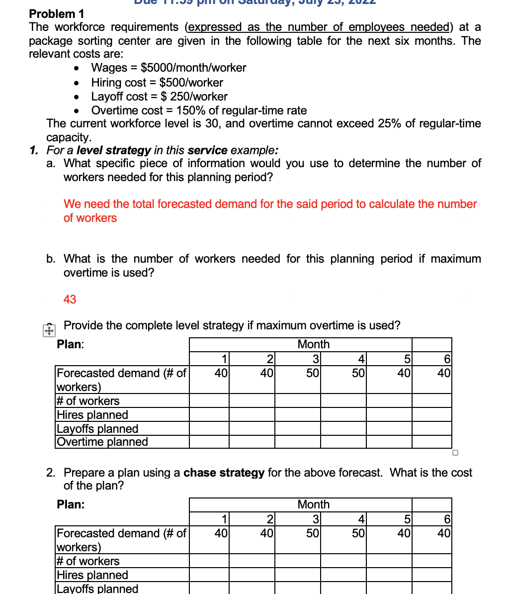 Solved Problem 1 The workforce requirements (expressed as | Chegg.com
