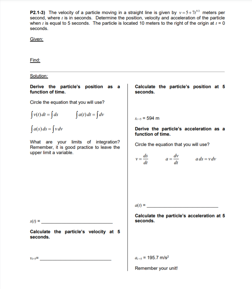 Solved P2.1-3) The velocity of a particle moving in a | Chegg.com