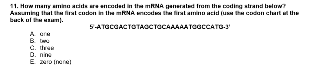 Solved 11. How many amino acids are encoded in the mRNA | Chegg.com